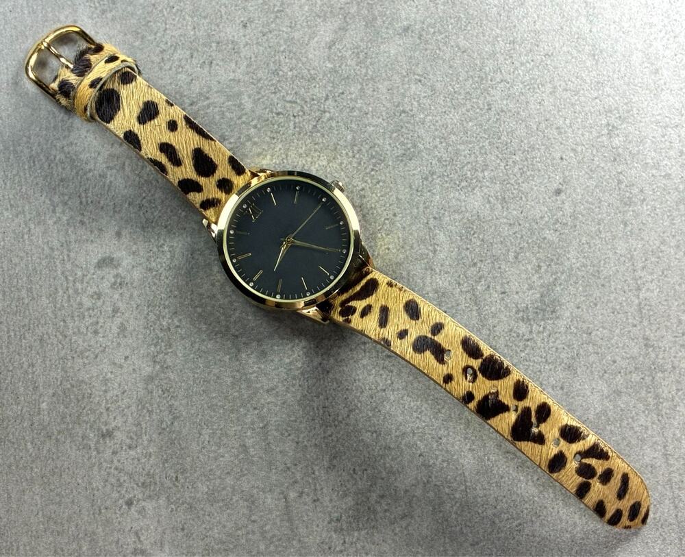 INC Women's Quartz Gold-Tone Watch 38mm Leopard Print Fuzzy Strap New Working